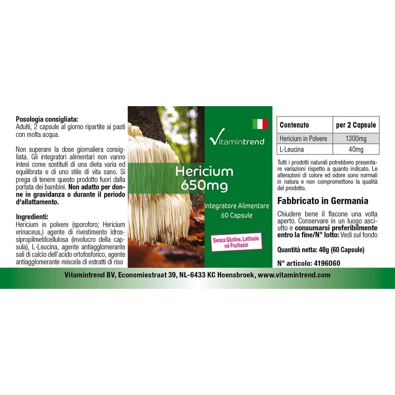 Hericium Powder, 650 mg, 60 Capsules, Functional Vital Mushroom, Adaptogen,