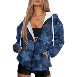 Kathyboom Blue Sea Turtle Women's Print Hoodies Casual Long Sleeve Drawstring Hooded Jacket Womens Fall Fashion Zipper Fall Clothes For Women