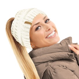 TOSKATOK® Ladies Womens Plain Ponytail Messy Bun Ribbed Winter Beanie Hat Cap Hair Hairband-Cream