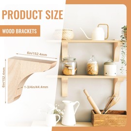 Vercraft 4 Pcs Wood Corbel Wooden Shelf Brackets, Unfinished Paintable Bracket with Hanging Hook for Doorway Countertop Kitchen Cabinet Book Shelves, Rubber Wood (6 x 6 x 1.75 Inches)