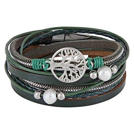 StarAppeal Women’s Wrap Bracelet with Pearls, Chains, Braided Element, Tree of Life Charm and Silver Magnetic Clasp, Silver