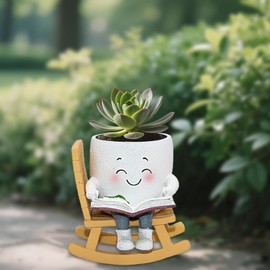Toparad Smily Face Rocking Chair Reading Book Planter Pots, Cute Resin Flower Head Succulent Planters for Indoor Plants, Gift IdeaI for Mother Christmas Birthday with Drainage Hole