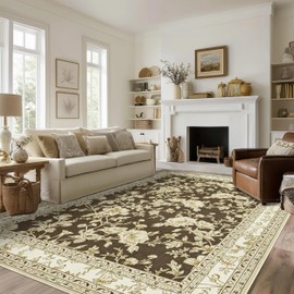 Brown Floral Print Area Rugs for Bedroom Living Room Boho Farmhouse Country Rustic Dining Room Carpet Soft Washable Rugs Non Slip Floor Covering for Nursery Playroom 5x7