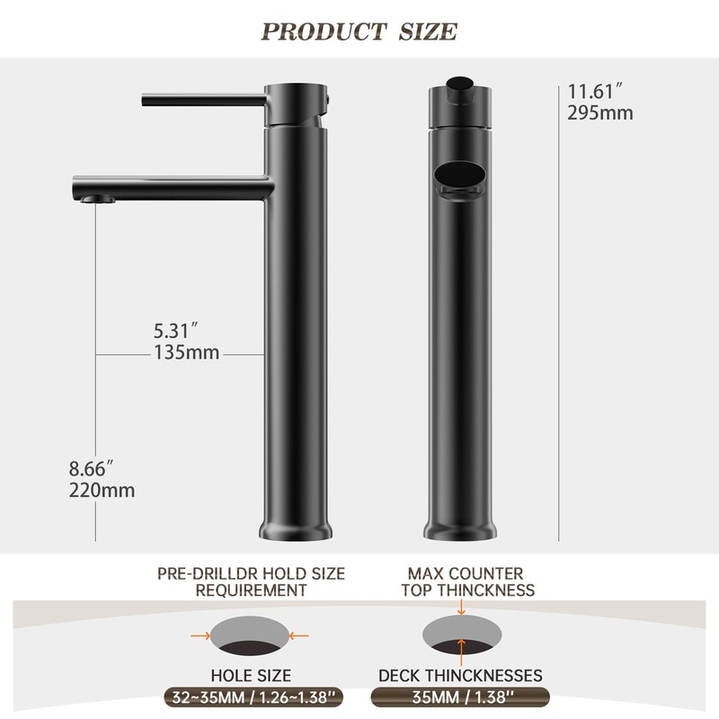Phiestina Tall Vessel Sink Faucet Black, Bathroom Faucets Tall Single