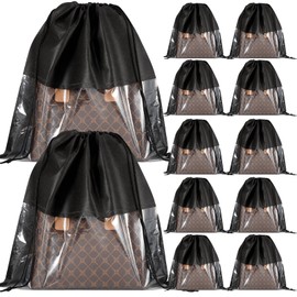 PLMMOUT 12 PCS Dustproof Drawstring Bags,Breathable Non-Woven Fabric Drawstring Dust Covers,Storage Bags Dust Bag for Handbags Shoes Purses,Black