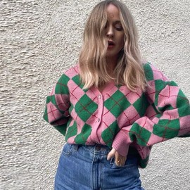 Hyipels Women's Long Sleeve Cardigan Sweater,Cute Y2K Top Knit Colorful Patterned V Neck Button Outwear S~XL