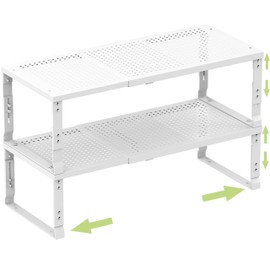 Zilvando Heavy-Duty Adjustable Metal Shelf Organizer - Expandable & Stackable Pantry Storage Rack for Kitchen, Bathroom, RV, Cabinets(2 Packs/White, Large)