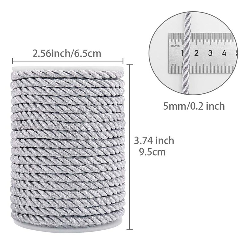 5mm Twisted Cord Trim, 18 Meters Silver Decorative Rope for