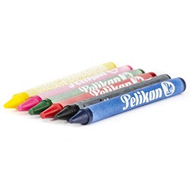Pelikan Pelicrayones Crayones de Cera Redondos con 6 Piezas, Color Amarillo, Rosa, Verde, Rojo, Negro y Azul, Resistentes al Agua, Lavables en Caja de Cartón