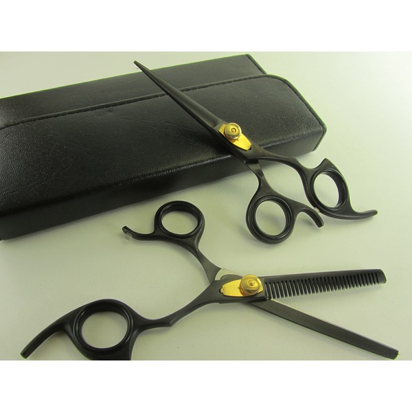 5.5" Professional Barber Razor Edge Titanium Coated Hair Cutting and Texturizing Shears Scissors Black Set+case