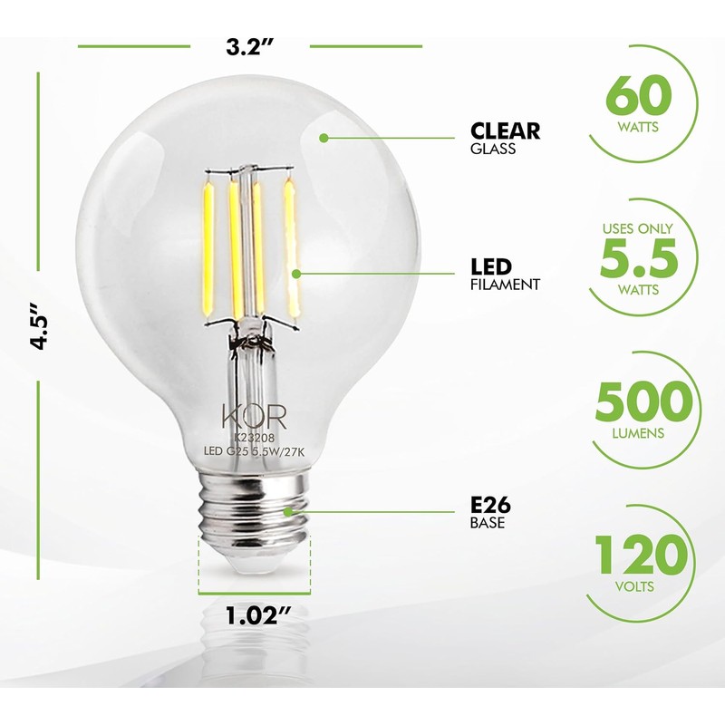 KOR 4 Pack 5.5W (60W Equivalent) Clear G25 Globe Led