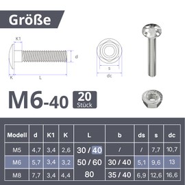 ORTAVA Carriage Bolts M6 x 40 Galvanised DIN 603 (Pack of 20) with Hex Flange Nut, Carbon Steel, Round-Head Screws