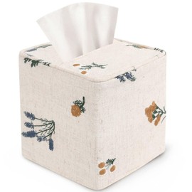 Livelab Cotton Tissue Box Cover Square, Morden Tissue Box Holder with Embroidery Flowers, Stylish Tissue Case Facial Paper Cube Cover for Your Home, Officce and Bathroom | Beige Flower