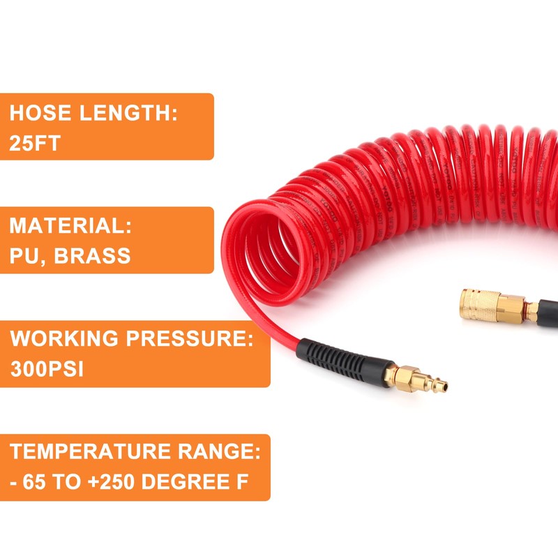 GASHER 1/4" x 25FT Red Reinforced Polyurethane Recoil Air Hose