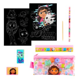 Gabby's Doll House Writing Paper Set, Includes Pencil Case, Ruler, Eraser, Pencil Sharpener and Scratch Paper, Colouring, Stationery Set Gift for Girls