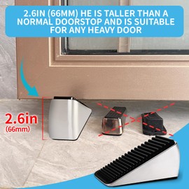Strongest Heavy Duty Door Stoppers - Tall Door Stop Wedge Large Door Stoppers for Bottom of Door, Tall up to 2.6 In Doorstop Zinc Alloy and Silicone Made Suits Any Heavy Door Any Smooth Floor(1silver)