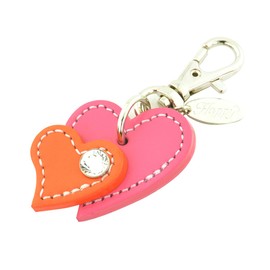 [Happy] Genuine Cow Leather Rhinestone Jewel Happy Charm Heart 10 Colors HC-10 Bag Charm Lead Charm Collar Charm Key Ring, 7. Pink x Orange