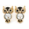 Crystal, Black Enamel Owl Stud Earrings In Gold Plating -