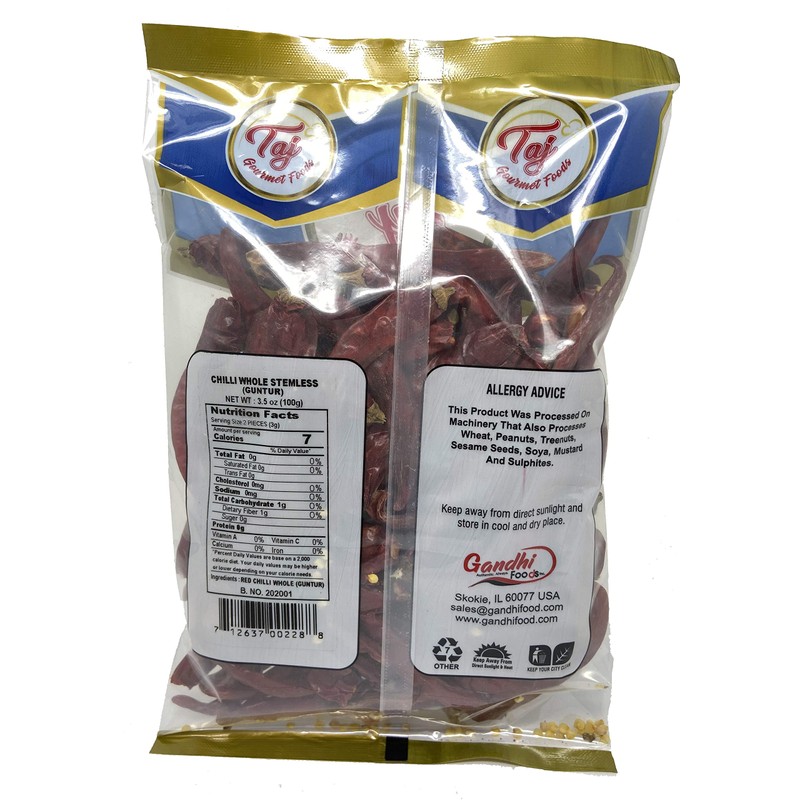 TAJ Premium Indian Whole Chilli (Whole Mirchi, without stem), (3.5