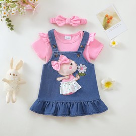 UUAISSO Baby Outfits for Girls with Heart Print Short Sleeve Romper Braces Skirt Bear Dress Bow Headband 0-18 Months, Pink Denim, 6-12 months