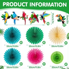 SUNBEAUTY Pack of 12 Hawaiian Party Decoration Includes 6 x Paper Fans, 6 x Tropical Bird Decoration, Hanging Garland Paper Fans and Parrot Honeycomb Balls for Summer Decoration, Hawaiian Decoration,