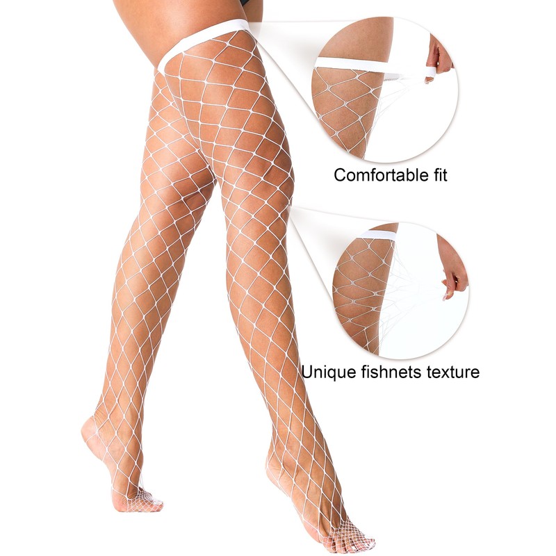 VOAKOW 2 Pairs White Fishnet Thigh High Stockings White Over