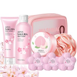 Gift Set Women - 8-Piece Sakura Bath Gift Set for Women, Bath Set Gift for Women, Sakura Beauty Set with Bath Salt, Shower Gel, Body Lotion, Exfoliation, Shower Globe, Cosmetic Bag