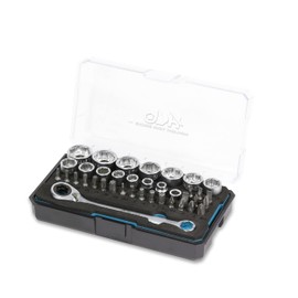 HB Pass Thru Low Profile 120-Tooth Reversible Ratchet wrench, Non-slip socket, for Rounded/Standard bolts, TORX Bits with portable case EVA tray 38-piece Socket set, Made in Taiwan AGM025-G