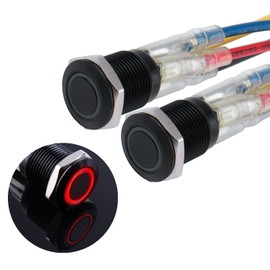 JIQI 2 x 12 mm Momentary Pressure Switch 12 V to 24 V 2 A Waterproof Button Switch Made of Metal IP66 1NO Current Black Push Button with LED Light Connection Wires for Motorcycle Boat Truck RV (Red)