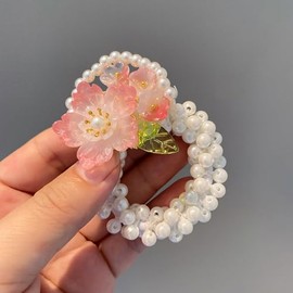 Flower Pearl Hair Bands, Pearl Bead Elastic Band Ties Ponytail Holder, Hanfu Floral Hair Accessories (Pink)