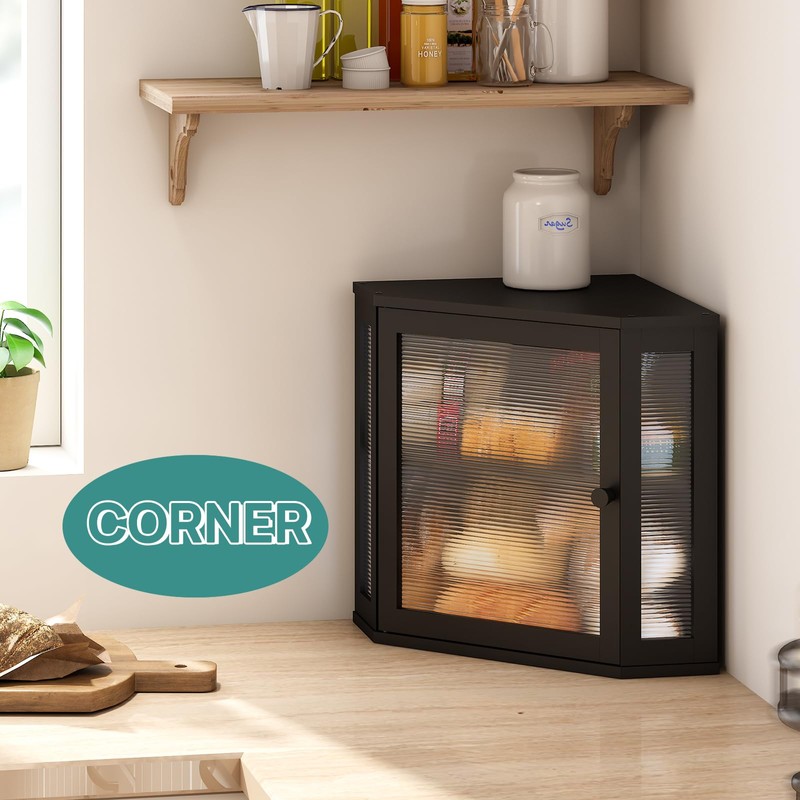 viewcare Corner Bread Box for Kitchen Counter, Bamboo Wood Black