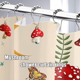 Mushroom Shower Curtain Hooks, Cottagecore Shower Curtain Hook Rings Cute Mushroom Bathroom Decor Boho Retro Decorative Shower Curtain Hooks, Resin Metal Shower Hooks for Forest Thrmed Bathroom
