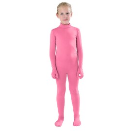 Full Bodysuit Kids Dancewear Solid Color Spandex Zentai Child Unitard (Pink, Large)