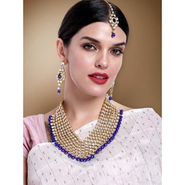 Aheli Indian Traditional Bollywood Collection Faux Kundan Pearl Layered Jewelry Necklace Set with Maang Tikka Earrings for Women Girls (Blue)