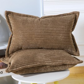 Madizz Brown Corduroy Cushion Covers with Fringe Edge 12x20 inch, 30x50 cm, Set of 2 Soft Boho Striped Pillow Covers Broadside Decorative Textured Throw Pillows for Sofa Bedroom Pillow Shell