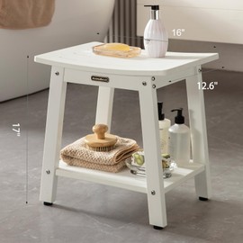 HDPS Shower Bench for Inside Shower, White Poly Shower Stool Seat for Shaving Legs or Spa Bath Seat, Heavy Duty Waterproof Bathroom Shower Chair Seat with Storage Shelf, Weather Resistant/Non-Slip