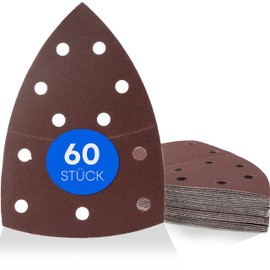 Prio Sanding Triangles / 11 Hole / 105 x 152 mm / 10 x Grit 40-60 - 80-120 - 180-240 / for Multi-Sander / Sanding Sheets / Triangular Sanding Pads / Sandpaper / Pack of 60