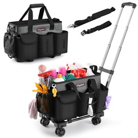 Chyaidach Rolling Cleaning Caddy, Cleaning Supplies Organizer with Trolley, Wearable Cleaning Tote Bag on Wheels with Hard Bottom, Cleaning Carts for Housekeepers/Home/Car/Office/Picnic (Grey)