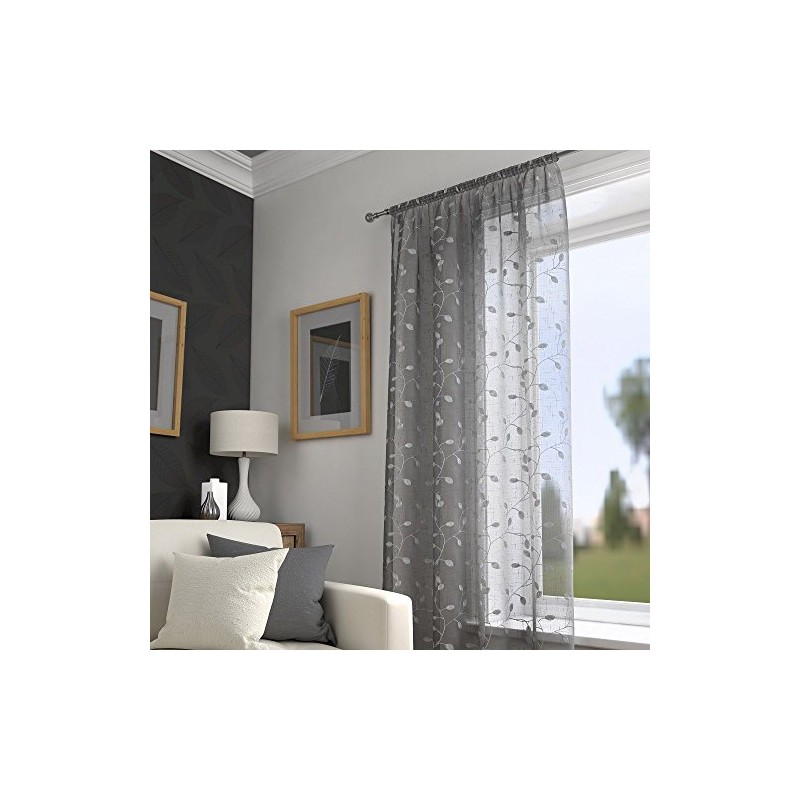 Harrogate Leaf Floral Grey Slot Top Voile Net Curtain Panel