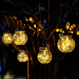 Cooo 6 Pack Crackle Glass Solar Lantern with 30 LED Firefly Lights– Waterproof Outdoor Hanging Lamp 215% Larger Solar Panel, Anti-Rust Lids Decorative Lighting for Garden Patio Christmas Decorations