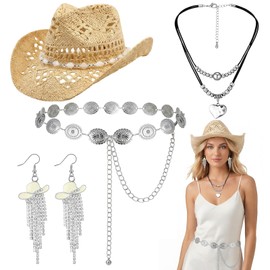 Hinly 4 Pcs Halloween Cowgirl Costume Bulk for Women Including Straw Cowboy Hat Western Necklace Oval Concho Chain Belt Tassel Dangle Earrings Cosplay Set for Cowboy Outfits Gift for Women