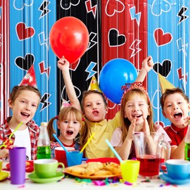 Red Queen Party Decor Kit with 15 Balloons - 2 Pack 3.3x6.6ft Tinsel Fringe Curtains Backdrop, Heart Photo Booth Props, Birthday Supplies for Girls Room Decor, Red/Black/Blue