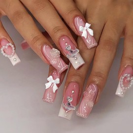 24Pcs Christmas Press on Nails Long Square - White French Fake Nails Nude Pink False Nails Press Ons Nail Art Tips With Rhinestones Bow nail charms Design Full Cover Acrylic Nail Kit for Women DIY