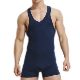 Livingly Light Men's Cotton Tank top One Piece Wrestling Singlet Bodysuit Leotard Underwear (Blue_cotton, XL)