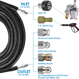 ZOFINE Sewer Jetter Kit for Pressure Washer 100FT, 5800PSI Drain Cleaner Hose 1/4 Inch NPT Corner, Rotating and Button Hose Sewer Jetting Nozzle Pearl Corsage Pin Waterproof Tape with 2 Spanner