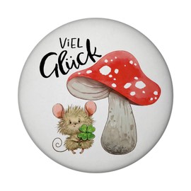 Mouse with Toadstool Magnet with Bottle Opener Round with Saying Good Luck Lucky Charm for Health Happiness Clover Mushroom Watercolour Original Greetings