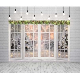 7X5ft Christmas Background White Window Background Outdoor Snow View Forest Backdrop for Christmas New Year Party Backdrop
