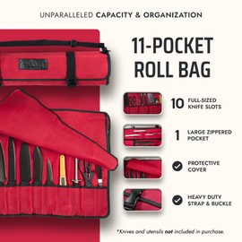 Asaya Canvas Chef Knife Roll Bag - 10 Knife Slots and a Large Zipper Pocket - Durable 10oz Canvas Knife Case with an Adjustable Shoulder Strap - Knives not Included (Red)