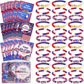 Ecally 24 Pack 4th of July Bracelets Patriotic Red White Blue American Flag Stretch Beaded Bracelet with Cards and Bags for Women USA Jewelry Independence Day Accessories Patriotic Party Favors Gifts