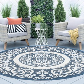 Homcomoda Reversible Outdoor Rugs for Patio 5’ Round Plastic Straw Patio Rugs Non Fading Lightweight RV Camping Mat Waterproof Area Rug Floor Carpet for Deck Picnic Backyard Beach BBQ Living Room